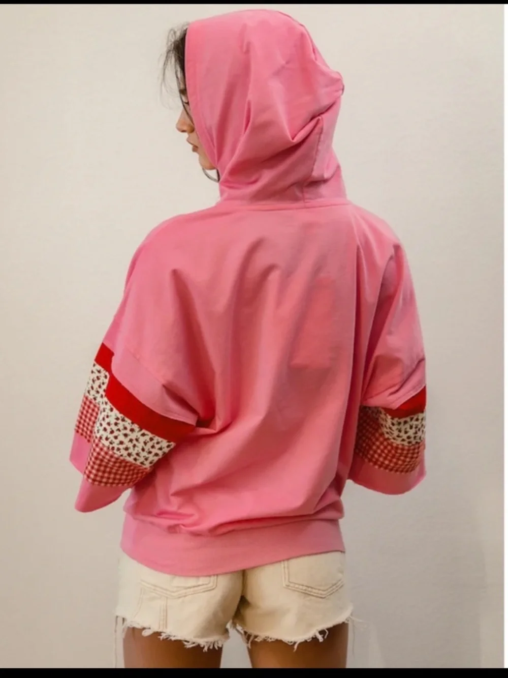 BiBi Pink Hoodie with Red & White Patterned Stripes,NWOT - Picture 3 of 3
